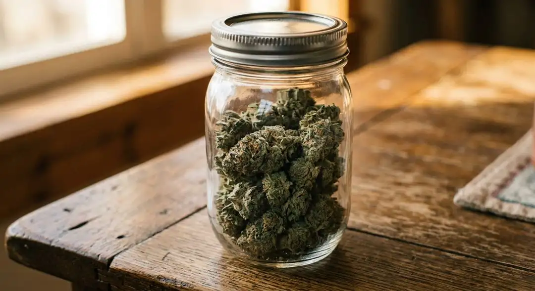 Cured 60 Days Wonder autoflower cannabis buds in a glass jar showing dense resin-covered structure with pine and citrus terpene aroma