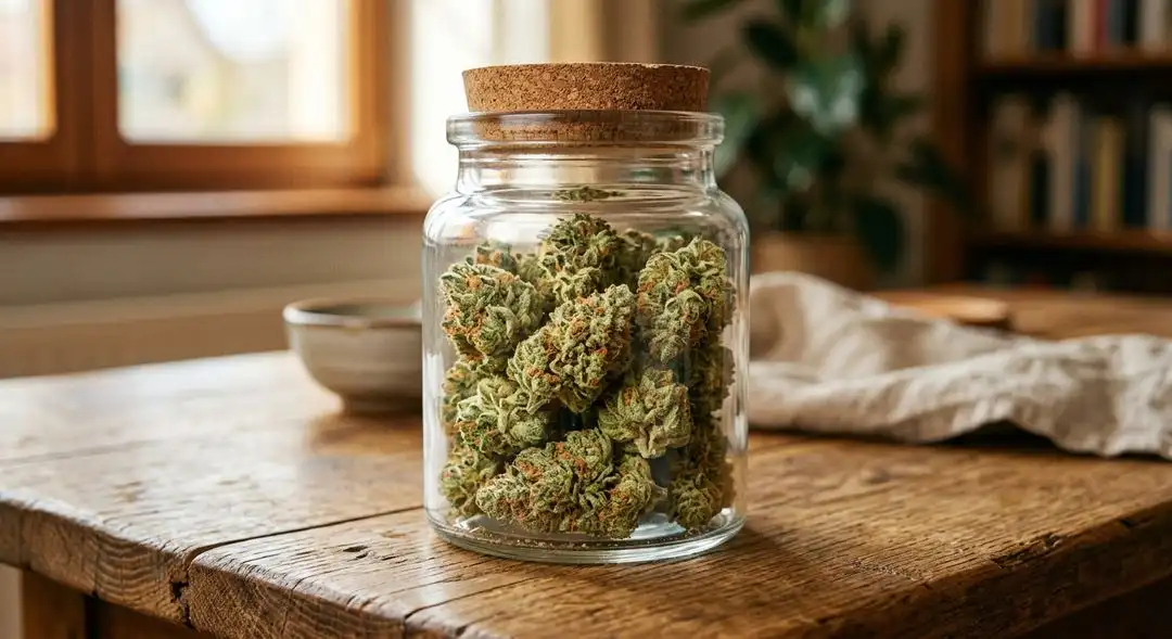 Cured AK-47 cannabis buds with frosty trichomes ready for storage