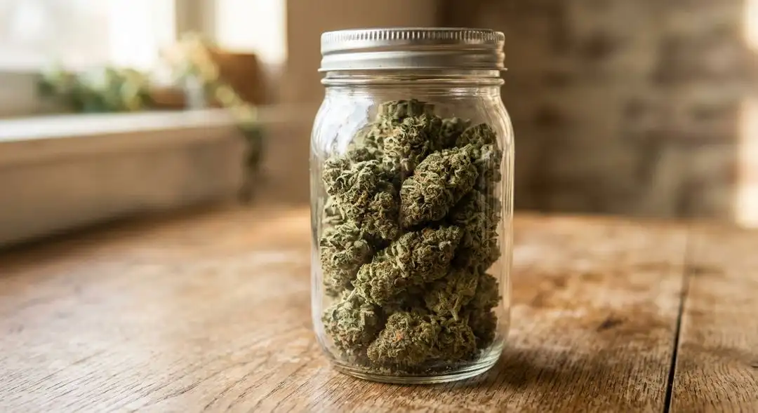 Cured AK 47 XTRM cannabis buds in a glass jar showing trichome coverage and amber pistils after proper drying