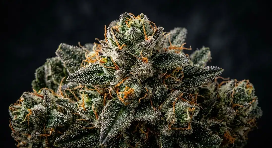 Close-up of Amnesia feminized cannabis buds showing dense trichome coverage, pale green calyxes and orange pistils