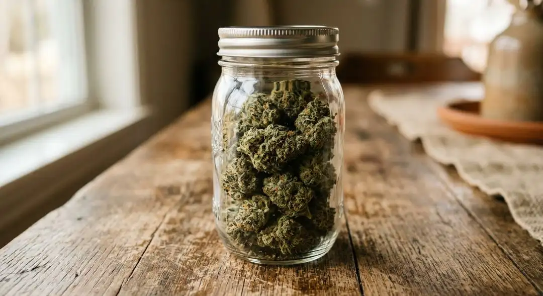 Cured Amnesia Haze autoflower buds in glass jar showing resin coverage, citrus-green coloring, and mature trichome development