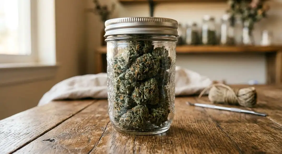 Cured B52 cannabis buds in a glass jar showing dense indica structure, amber pistils, and glistening trichome coverage