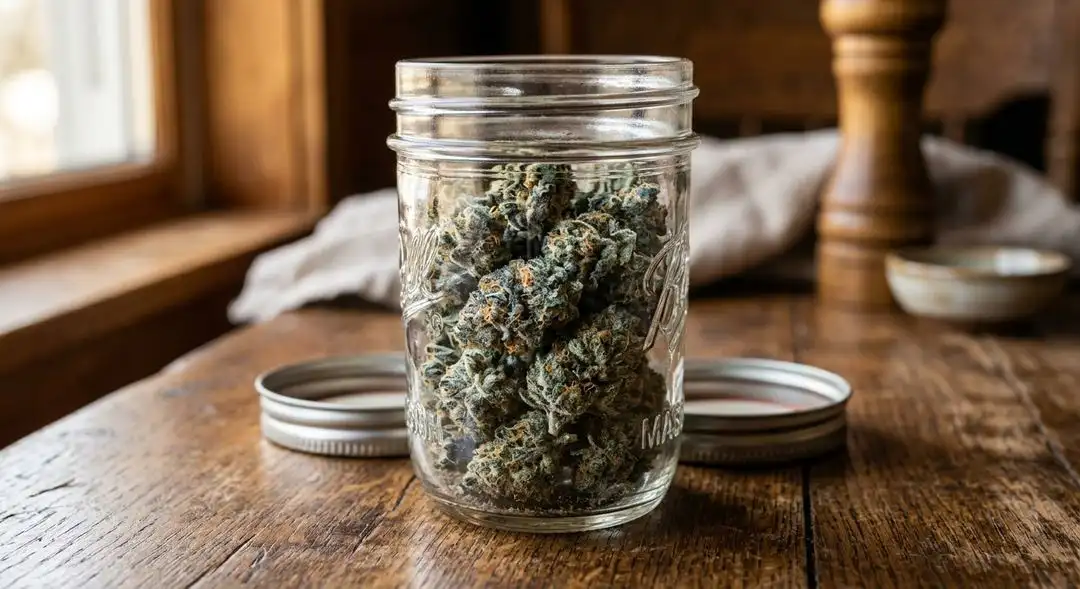 Cured Blue Cookies cannabis buds in a glass jar showing purple and green coloring, dense trichome coverage and rich blueberry aroma profile
