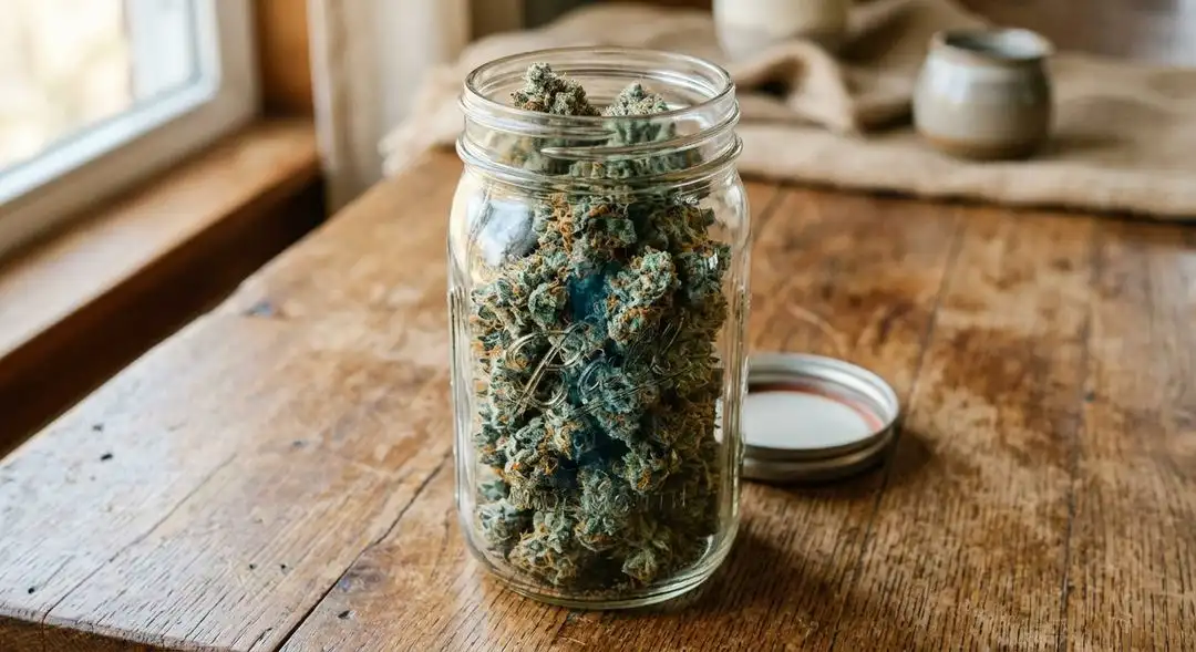 Cured Blue Dream autoflower buds in a glass jar showing deep blue-green coloring, orange pistils, and thick trichome coverage