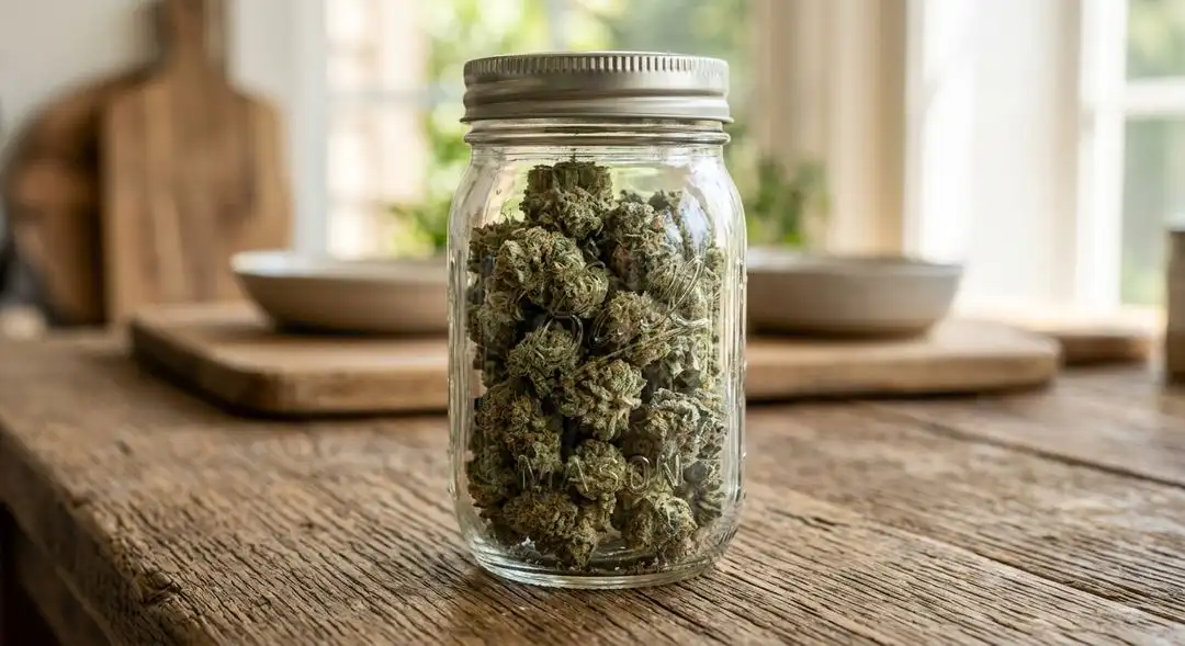 Cured Blue Moonshine Autoflower buds in a glass jar showing deep purple undertones, bright orange hairs, and heavy trichome resin coating