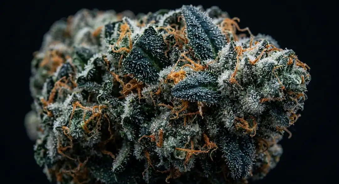 Close-up of dense Blueberry Haze cannabis buds showing deep green and purple hues with orange pistils and frosted trichomes