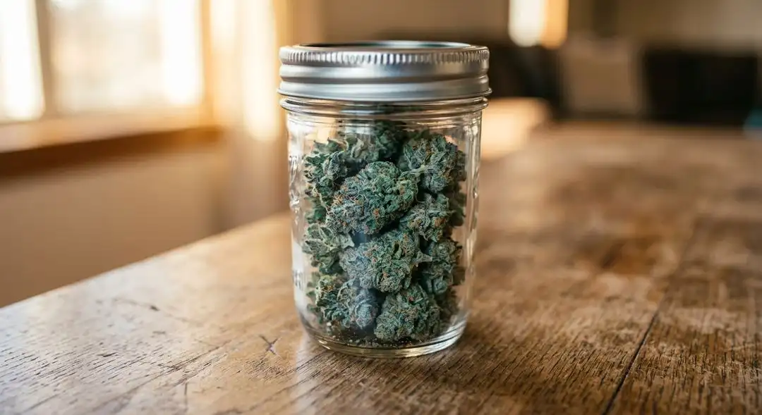 Cured Blueberry Haze cannabis buds in a glass jar showing purple-tinged green coloration and heavy trichome coverage