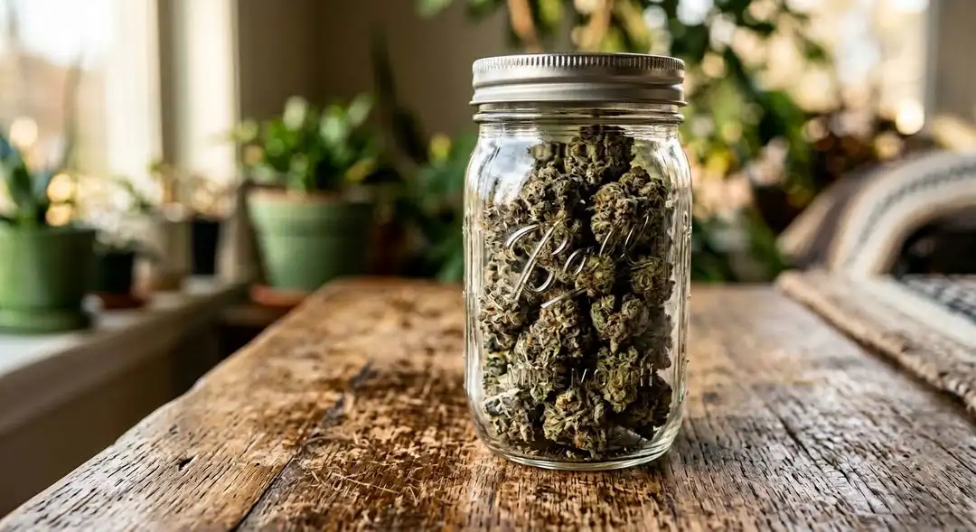Cured Bob Marley feminized cannabis buds in a glass jar showing golden trichomes, earthy green coloring, and sativa bud structure