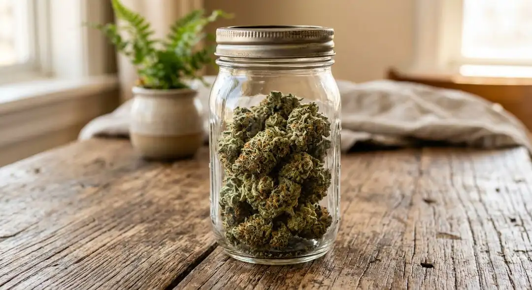 Properly cured Bubble Gum cannabis buds in a glass jar showing rich trichome coverage, berry coloration, and dense structure