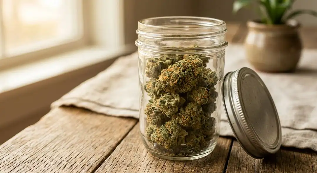 Cured California Orange Bud cannabis flowers in a glass jar showing dense trichome coverage and deep orange pistils