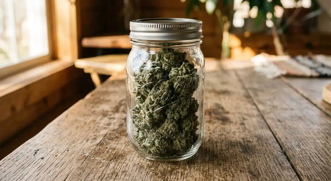 Properly cured California Skunk buds in a glass jar showing golden trichome coverage, rich green color, and vibrant orange pistils