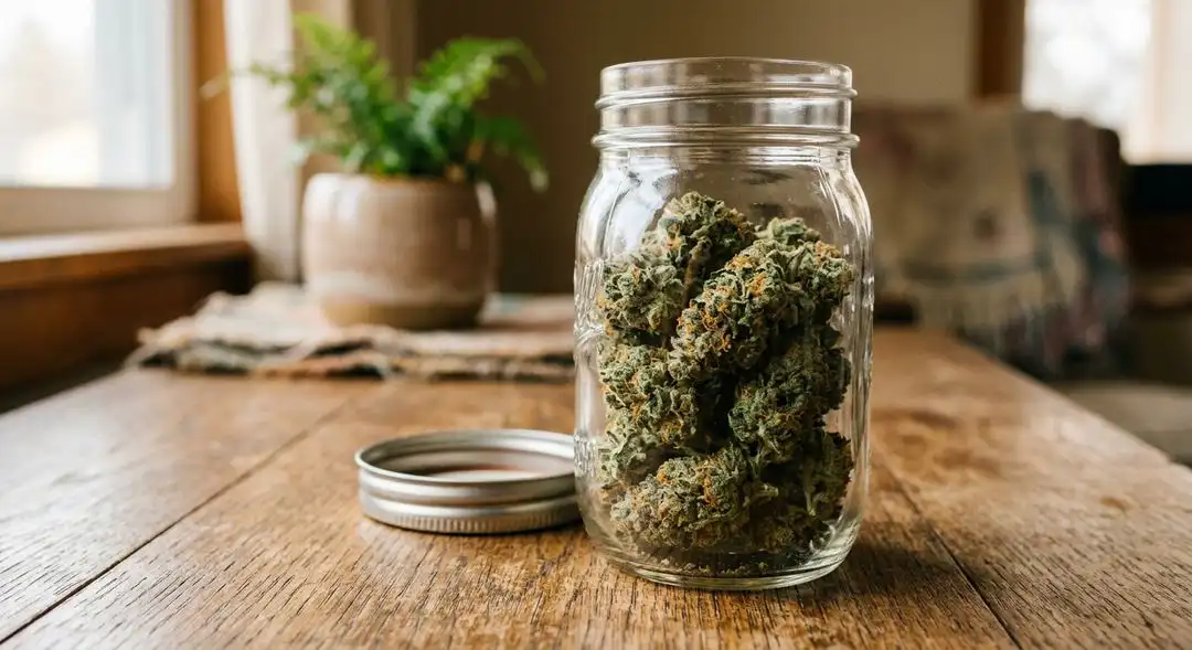 Properly cured Candyland cannabis buds in a glass jar showing dense trichome coverage and golden-amber pistils after 8-week cure
