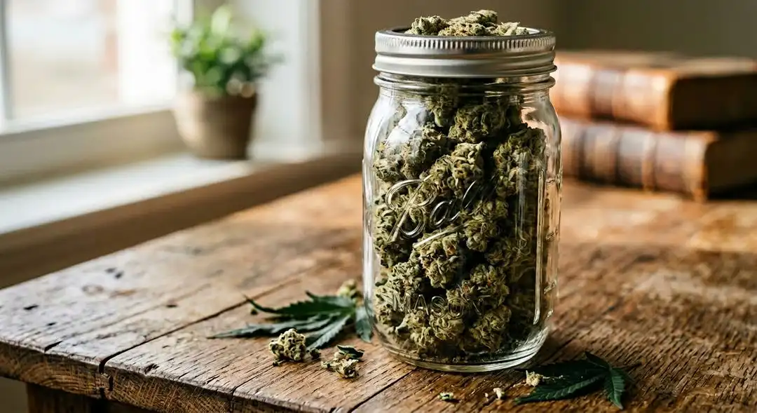 Close-up of cured Cheese cannabis buds showing dense, resin-coated structure with deep green and purple hues