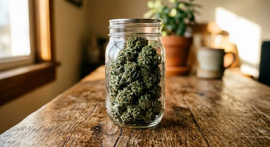 Properly cured Chocolate Fondue cannabis buds in a glass jar showing rich amber trichomes and deep green calyxes with visible terpene resin