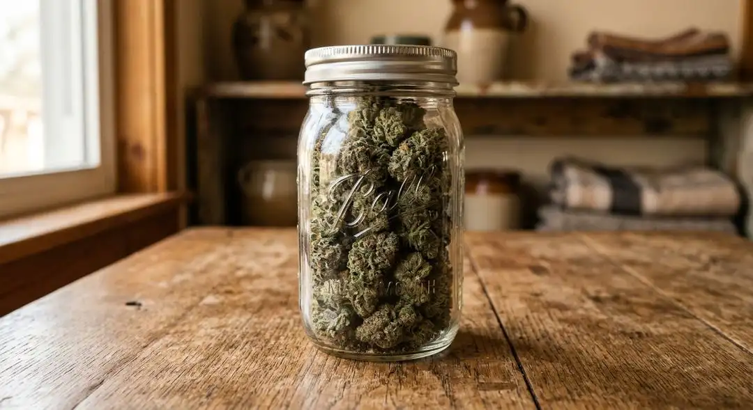 Cured Chocolate Thai cannabis buds showing rich amber trichomes and classic Southeast Asian sativa bud structure