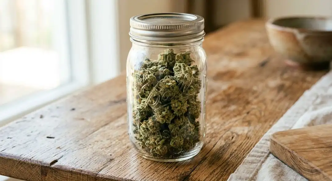 Properly cured Chronic cannabis buds in glass jars showing deep green color with amber trichomes and berry-citrus aroma