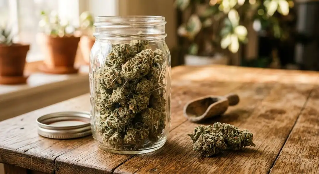 Cured Columbine feminized cannabis buds showing dense resinous structure with visible trichomes and deep green coloration