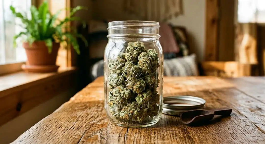 Cured Cookies Kush cannabis buds in a glass jar showing trichome-rich surface, amber pistils and deep green coloration