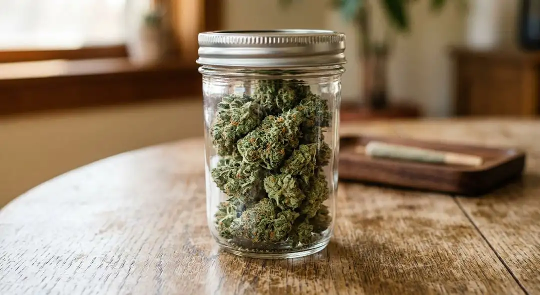 Cured Critical Autoflower buds showing dense indica structure with orange pistils and resin-coated surface