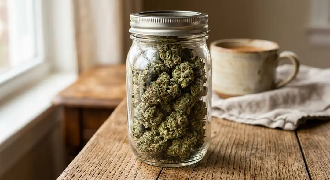 Cured Critical Mass cannabis buds showing dense resin-covered indica structure with visible trichomes