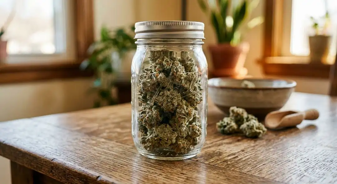 Cured Easy Bud Autoflower nugs in a glass jar showing trichome coverage with earthy green and amber tones after a proper dry and cure