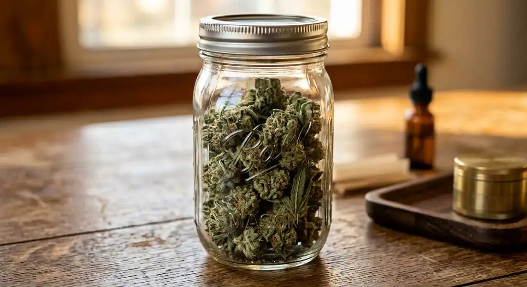Properly cured Edelweiss cannabis buds in a glass jar showing rich trichome coverage and deep green coloration