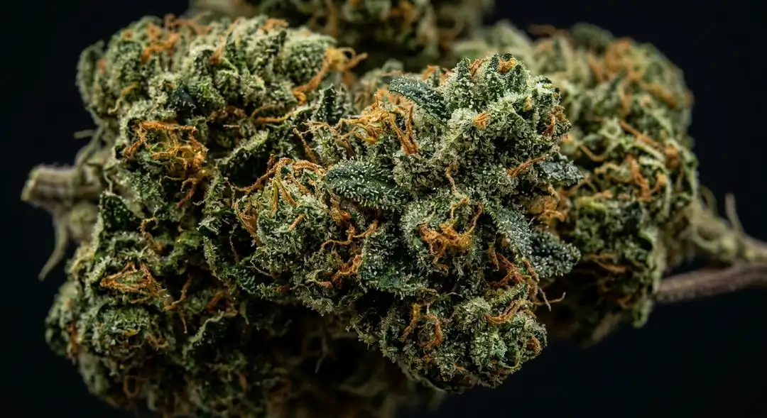 Forbidden Fruit cannabis buds showing dense purple-tinged calyxes coated in trichomes with bright orange pistils