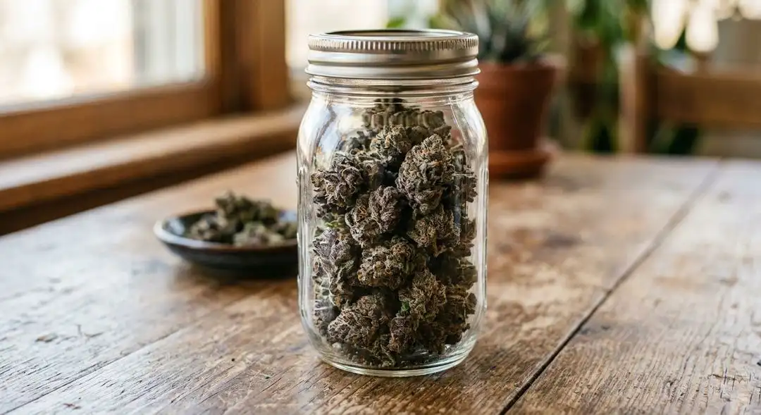 Cured Gold Leaf cannabis buds showing dense, resinous structure with purple undertones and amber trichomes