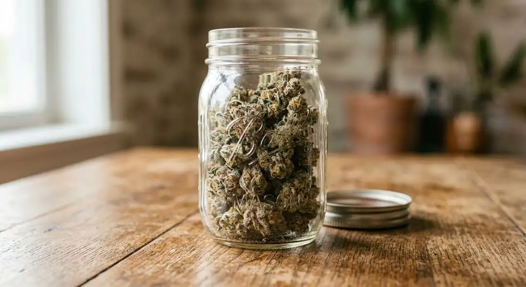 Cured Gorilla Glue 4 autoflower buds in a glass jar showing thick trichome coverage and deep green coloration with orange hairs
