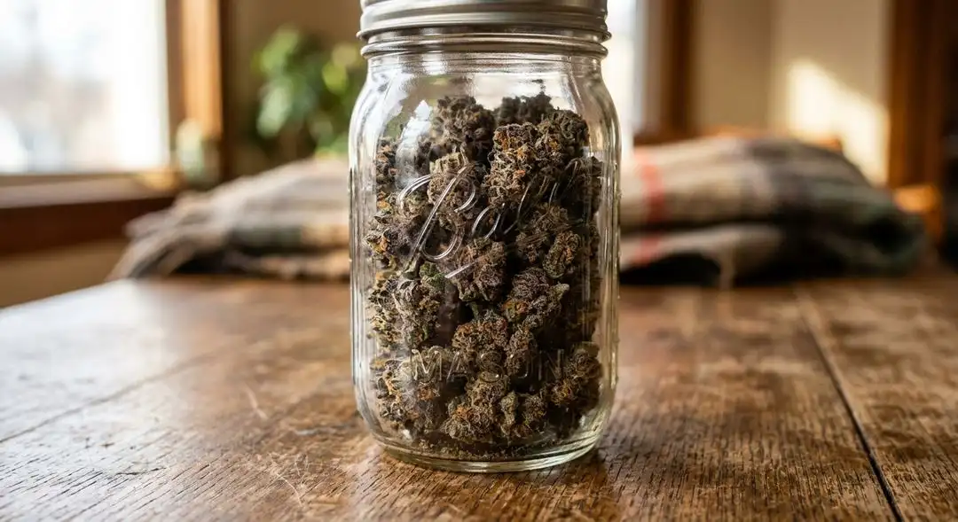 Cured Grape Ape cannabis buds showing deep purple and green coloring with visible amber trichomes after a slow dry and cure