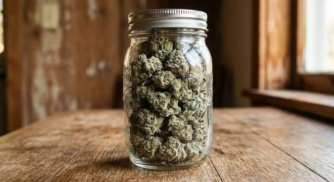 Cured Great White Shark cannabis buds showing dense trichome coverage, orange hairs and deep green coloration in a glass jar