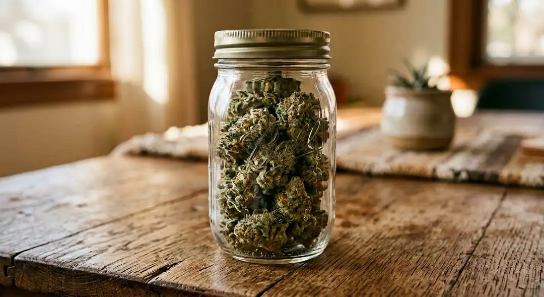 Cured Hawaii x Skunk #1 cannabis buds in glass jar showing golden trichomes and vivid tropical green coloration