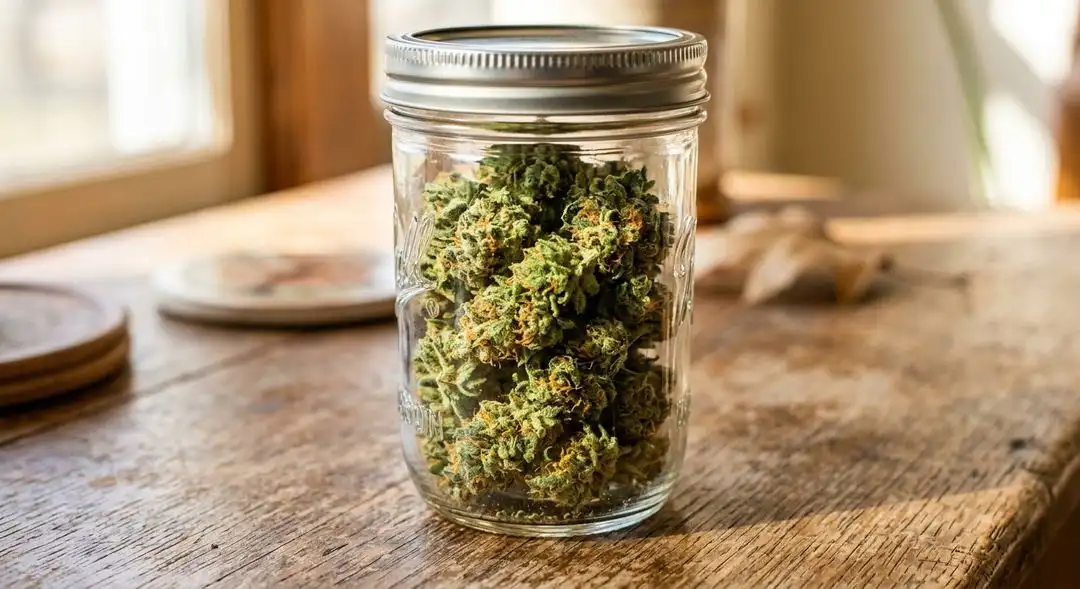 Cured Jack Herer autoflower buds in a glass jar showing amber trichomes and deep green color after proper drying