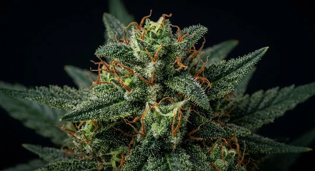 KC 33 x Master Kush feminized cannabis buds showing dense, resinous calyxes with earthy green and amber tones