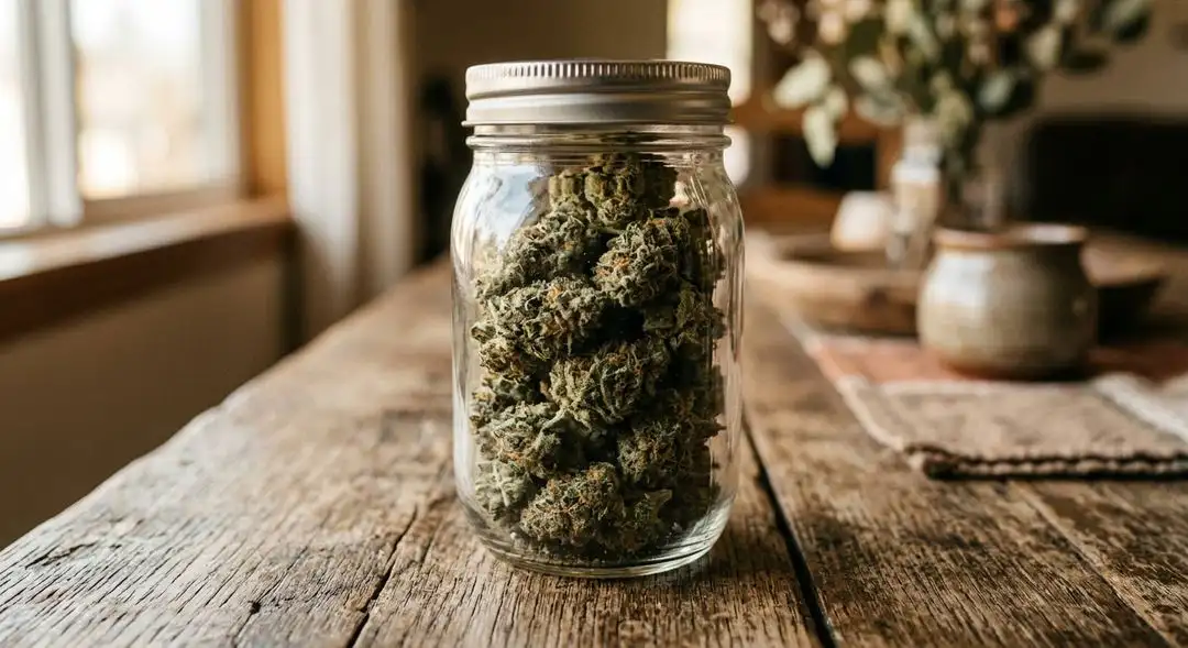 Properly cured Kosher Tangie cannabis buds showing dense trichome coverage, orange pistils, and vibrant green coloration in a glass jar