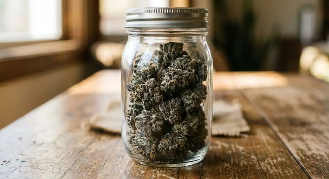 Cured Malawi Gold autoflower buds in a glass jar showing golden-green coloring, visible trichomes and elongated sativa bud structure
