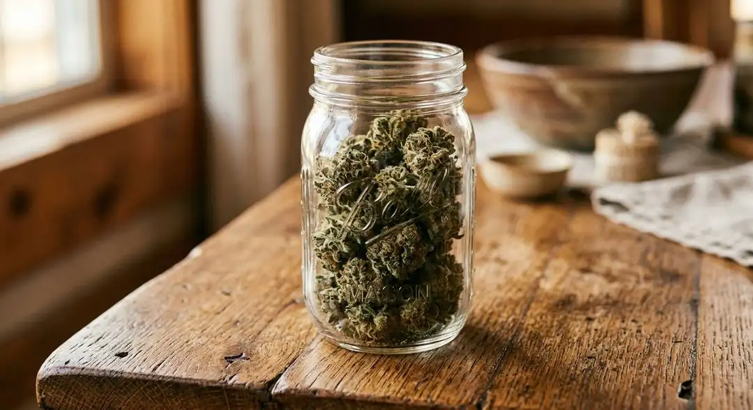 Cured Mango Kush buds showing dense tropical-frosted structure with amber trichomes and vivid green coloration