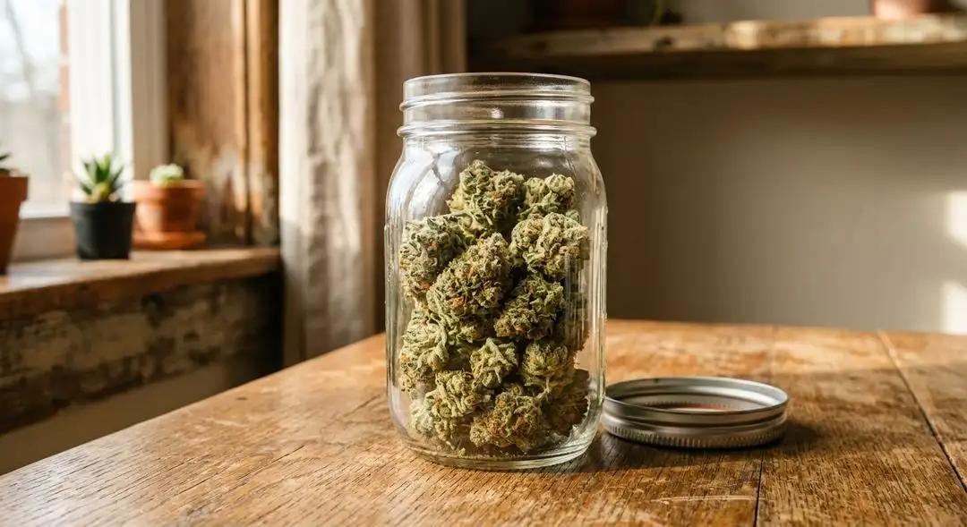 Cured Nemesis feminized cannabis buds showing dense resinous structure and earthy green coloration with amber trichomes