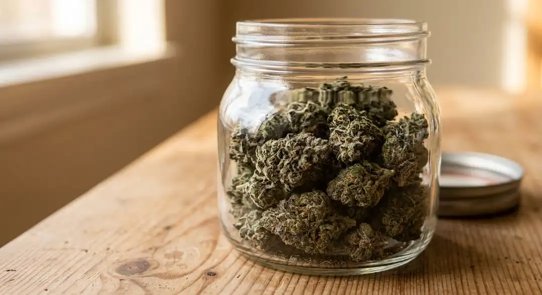 Cured Northern Lights autoflower buds in a glass jar showing deep green color, amber trichomes, and dense resinous structure