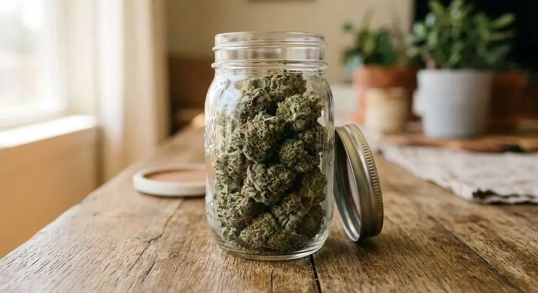 Cured Northern Lights x Amnesia Haze cannabis buds in a glass jar showing rich terpene frost and deep amber pistils