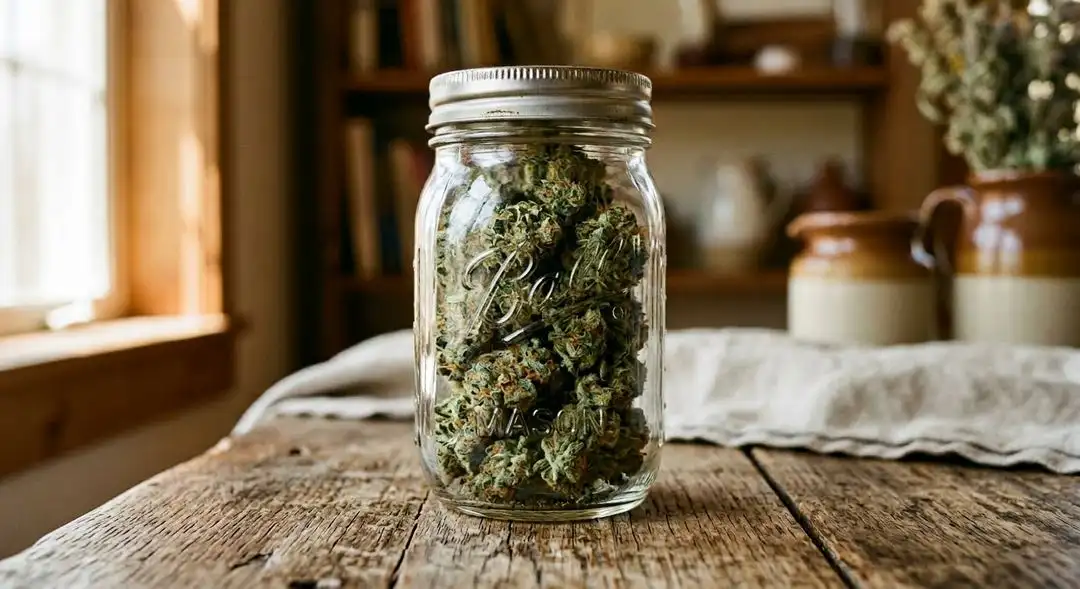 Cured Northern Lights x Big Bud buds in a glass jar showing dense trichome coverage and deep green coloration