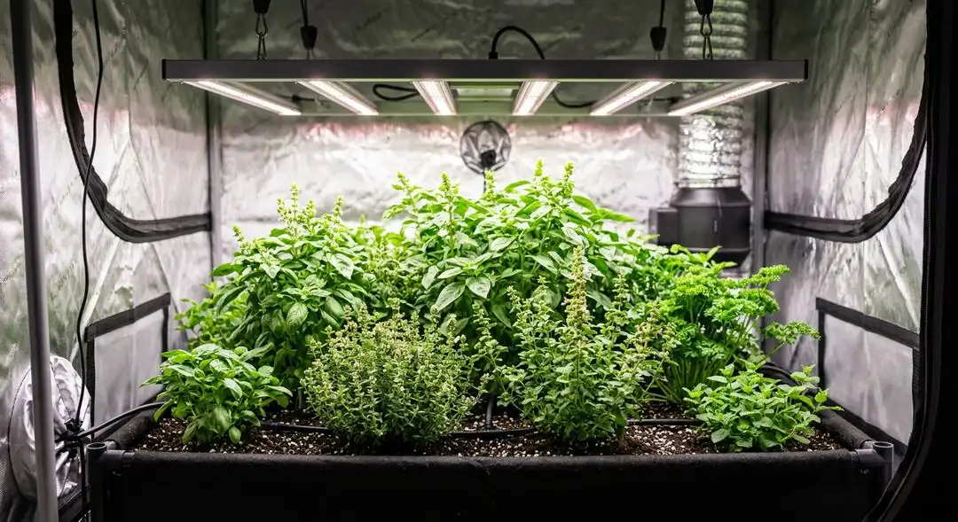 Northern Lights x Big Bud indica plants mid-flower showing dense bud sites and compact medium-sized plant structure