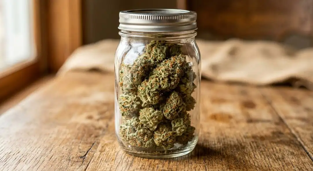 Properly cured Orange Kush cannabis buds in a glass jar showing dense resin coverage, orange pistils, and vibrant green coloration
