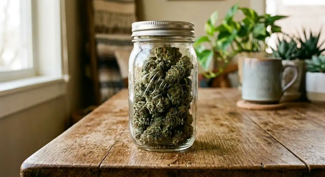 Properly cured Papaya cannabis buds in a glass jar showing deep green color, bright orange hairs, and heavy resin-coated trichomes