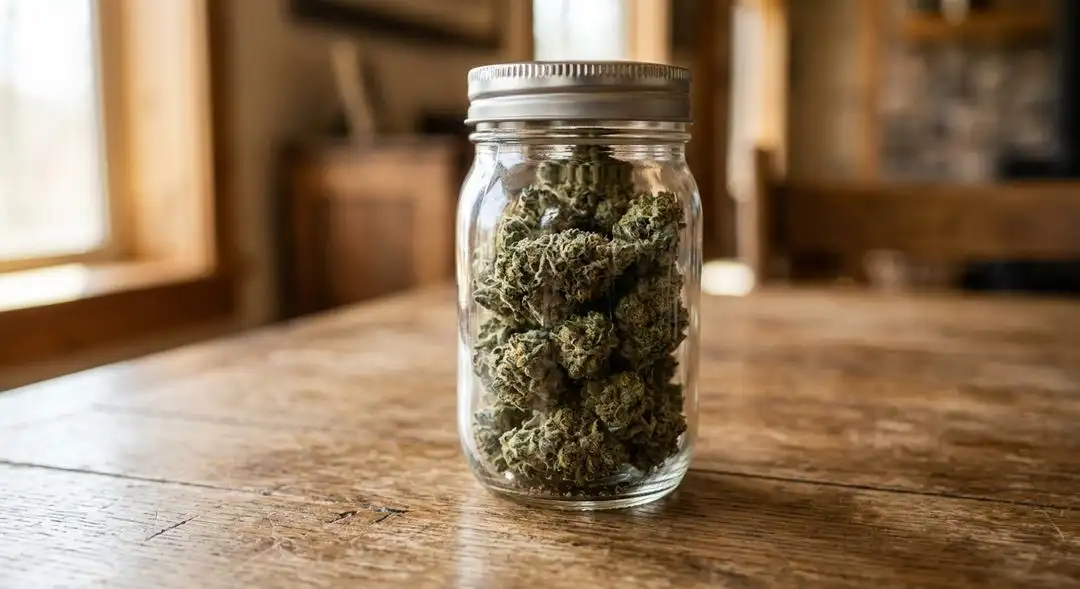 Cured Pineapple Chunk cannabis buds with dense trichome coverage, vivid amber pistils, and tropical-green coloration in a glass jar
