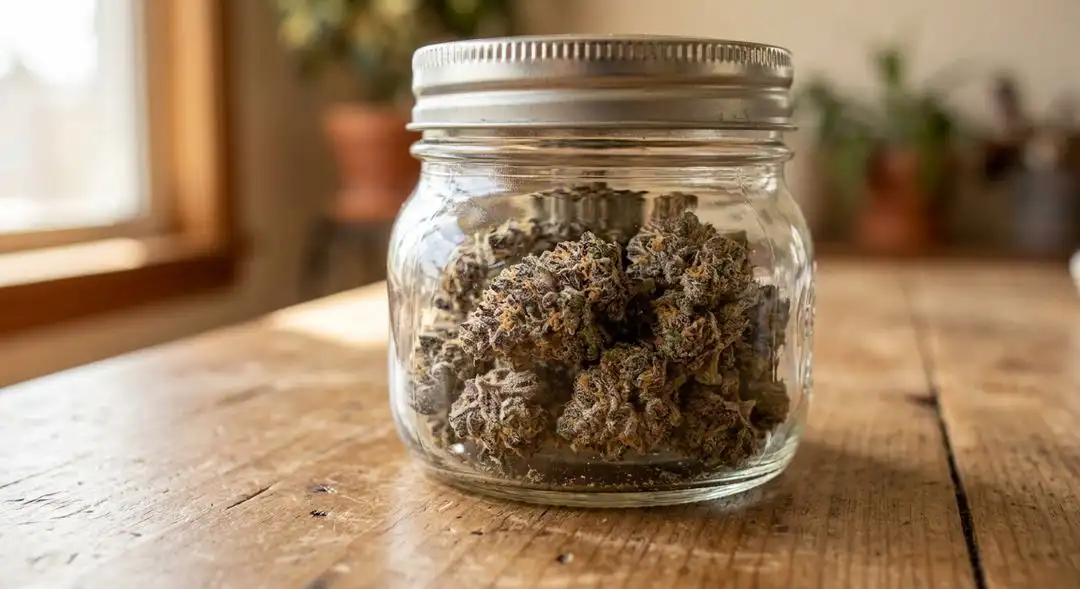 Cured Pineapple Kush cannabis buds showing golden trichome coverage and tropical-colored calyxes