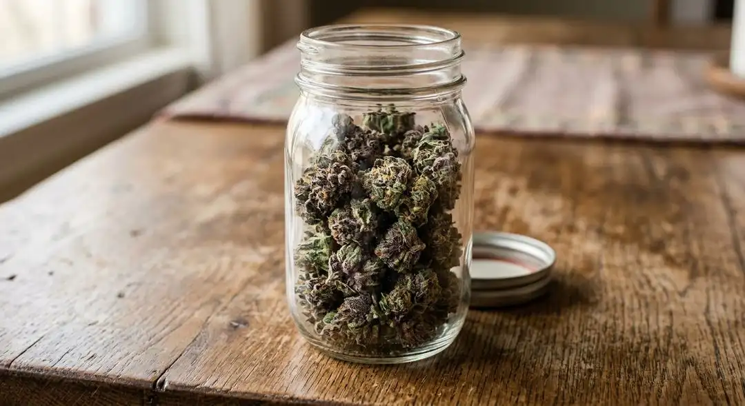 Cured Purple Punch cannabis buds showing deep violet and green coloration with visible amber trichomes, ready for consumption