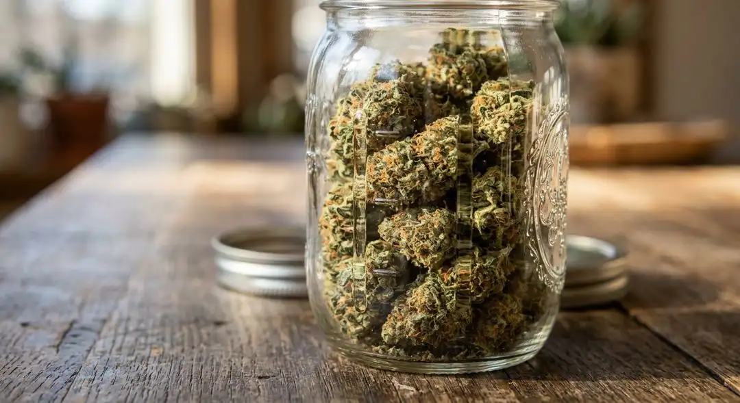 Cured Red Dragon cannabis buds in a glass jar showing amber trichomes, orange pistils and dense resinous structure