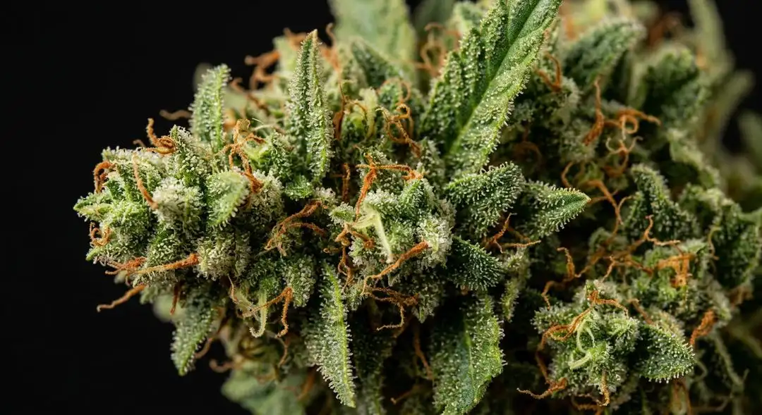 Dense, resin-coated Skunk Special feminized cannabis buds with visible orange pistils and glistening trichomes