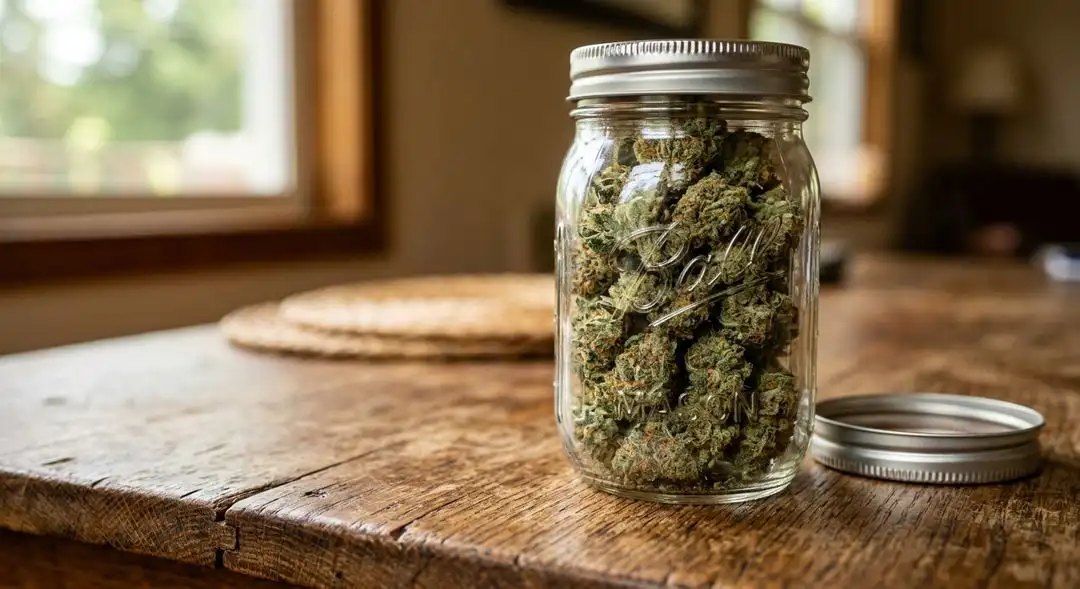 Properly cured Skunk Special cannabis buds in a glass jar showing golden trichomes and rich amber pistils